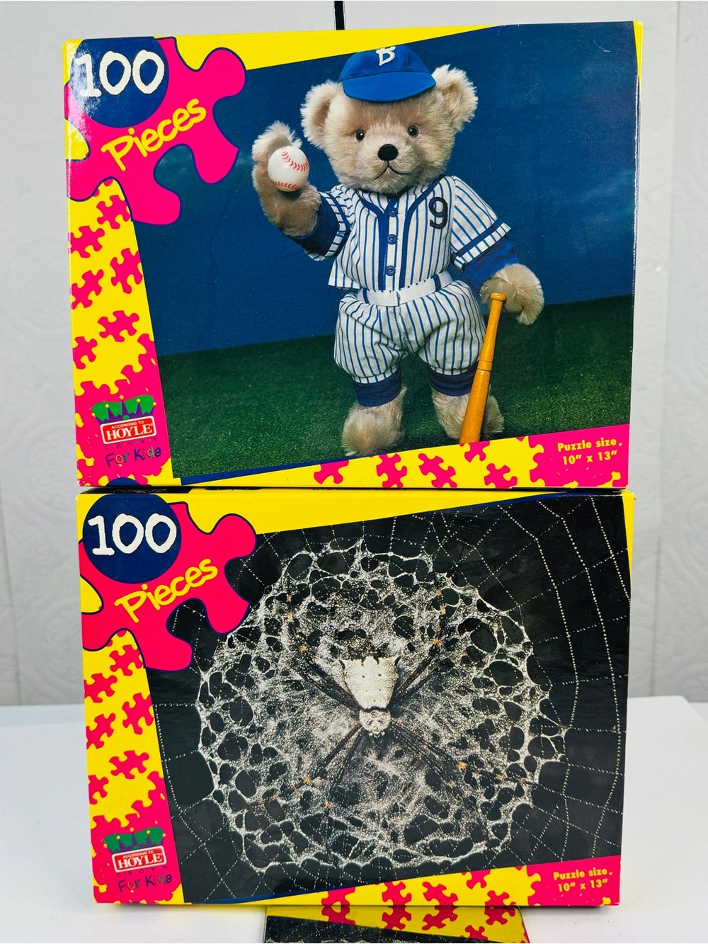 Vintage 1997 Hoyle for Kids 100 Pc Puzzles Set of 2 Baseball Bear & Spider Web